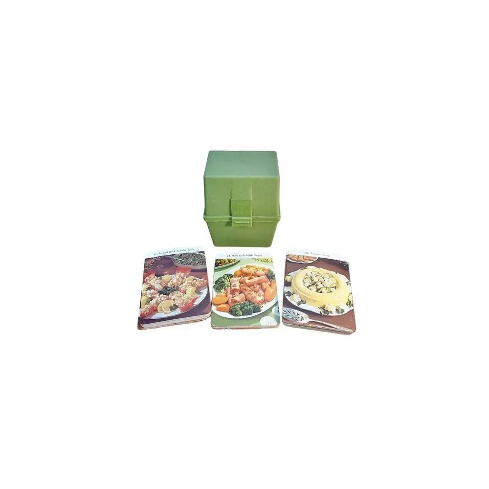 Vintage 1972 DINNER IS SERVED Avocado Green Marjon Promotions Recipe Box Cards